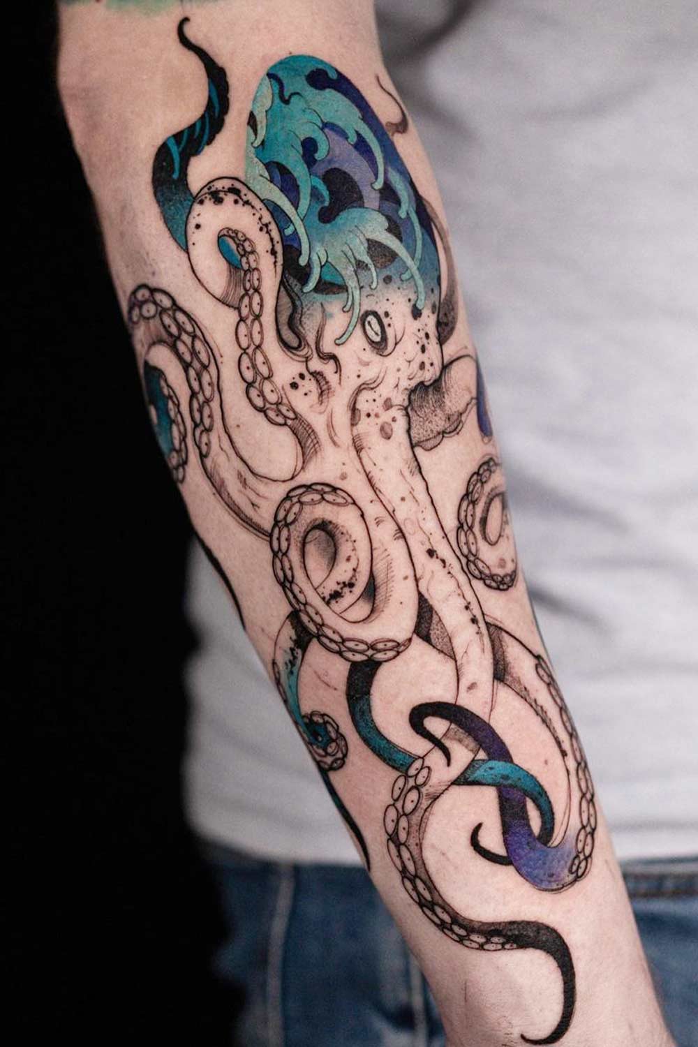 Black and White Octopus Tattoos with Colorful Elements