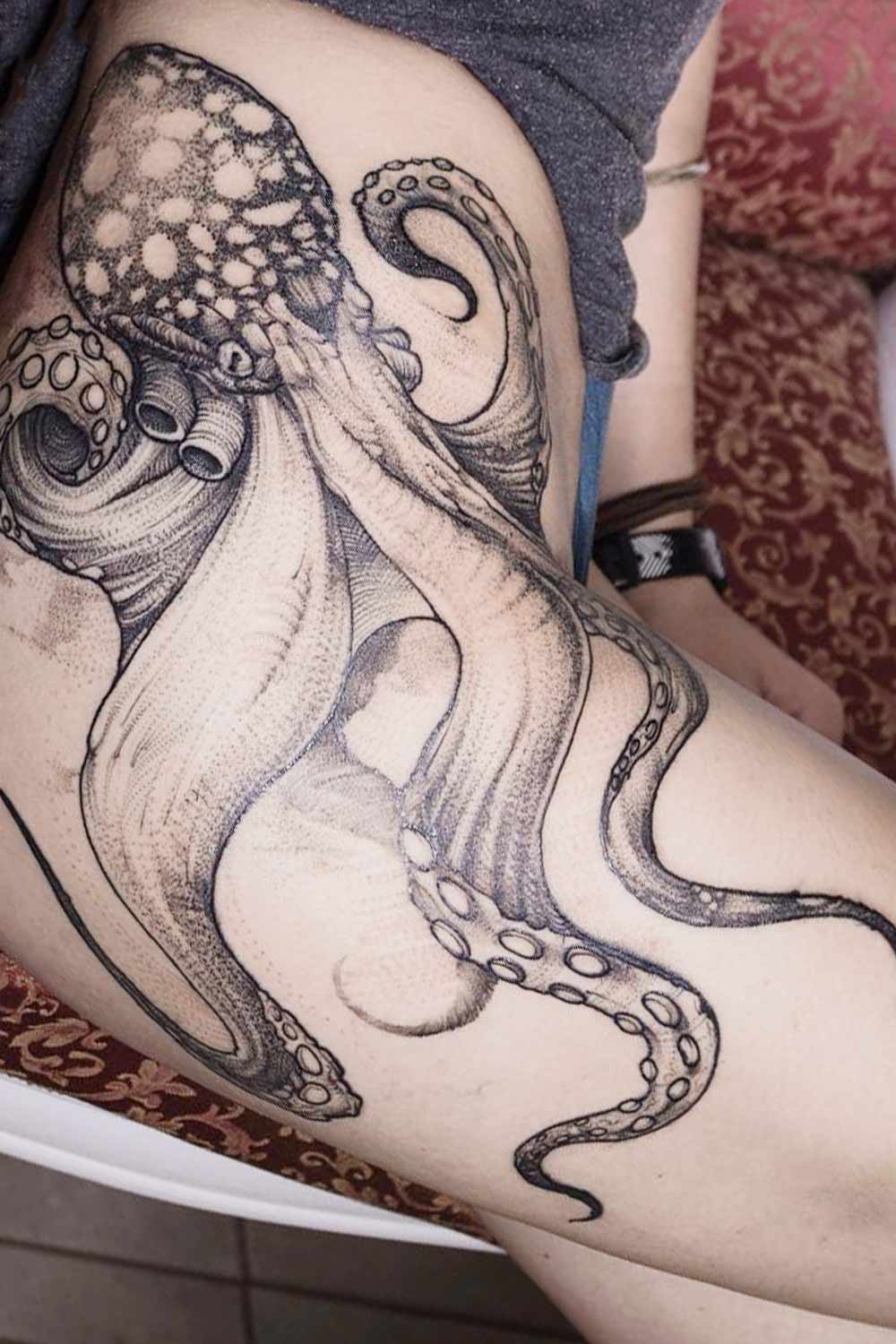 Black and White Octopus Thigh Tattoo Design