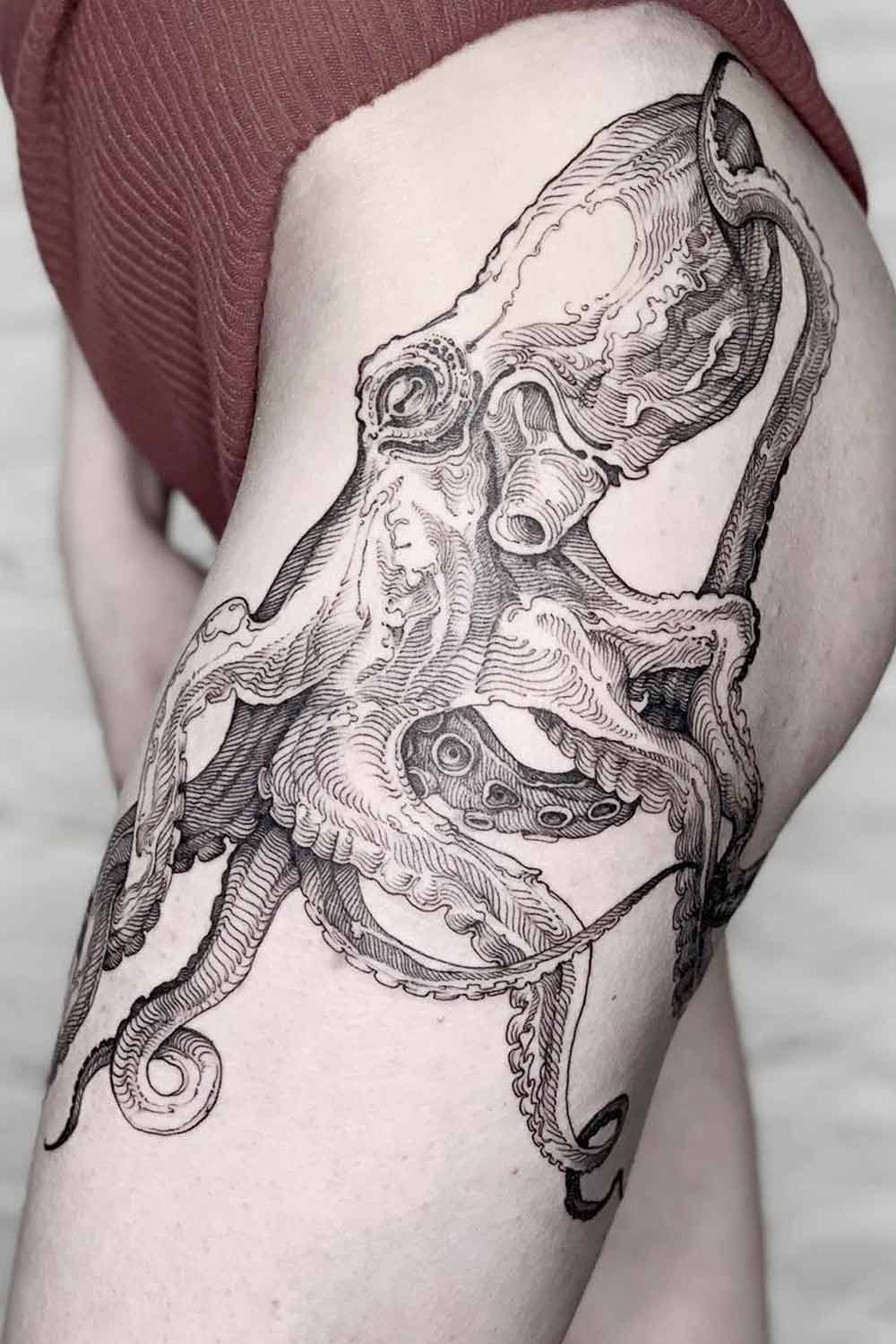 Thigh Black and White Octopus Design Tattoo