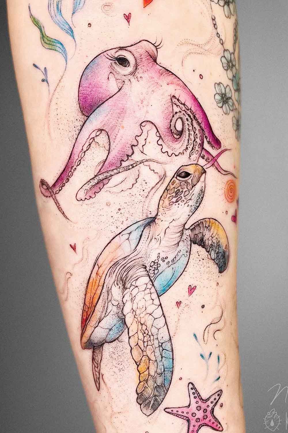 Watercolor Octopus with Turtle Tattoo Idea