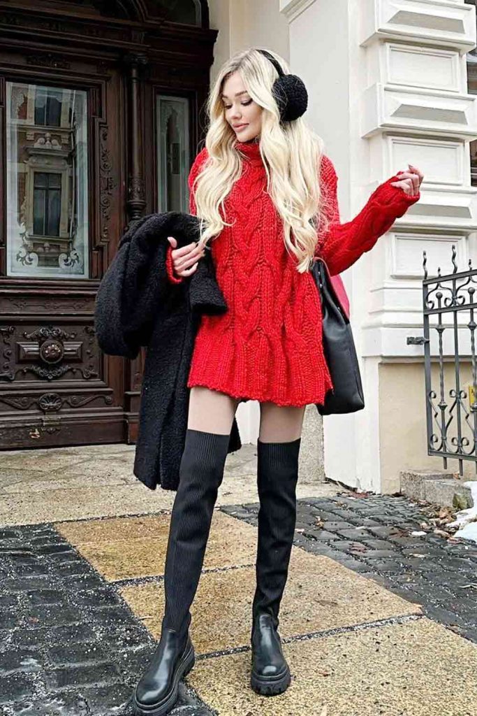 Bright Red Sweater with OTK Boots