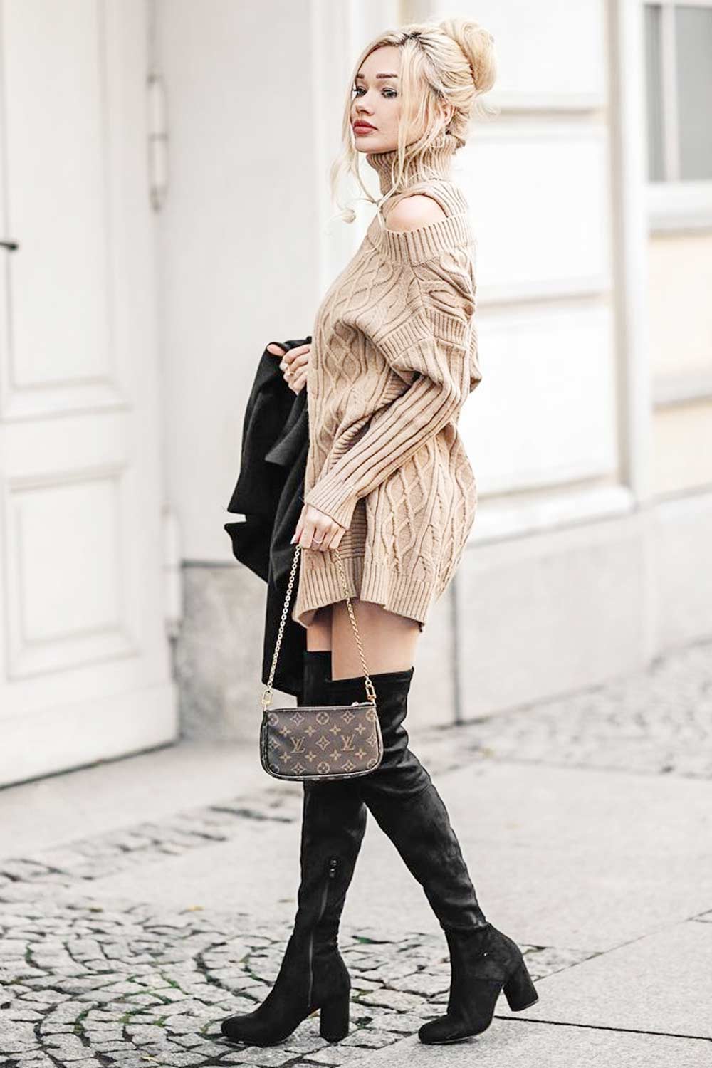 Brown Sweater Dress with Dark Over the Knee Boots