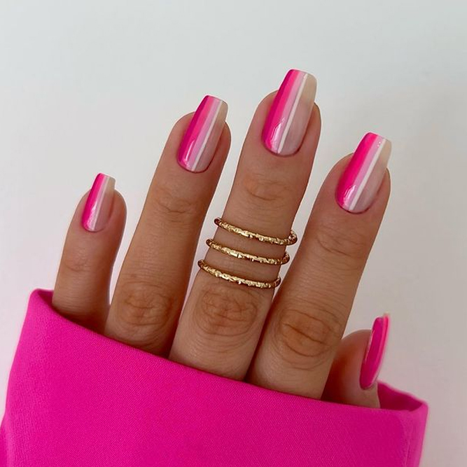 Pink And White Nails Lines Art