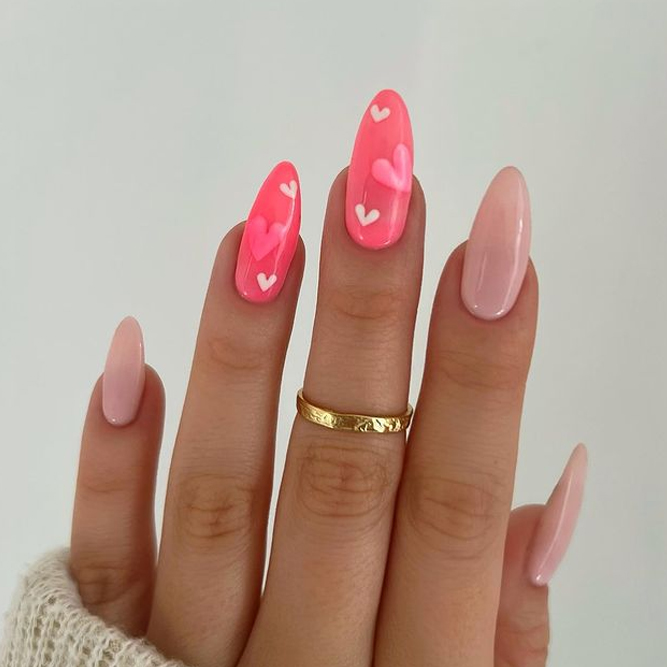 Pink and White Nails with Hearts