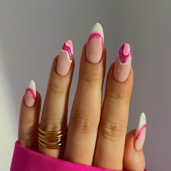 Pink and White Nails Swirls