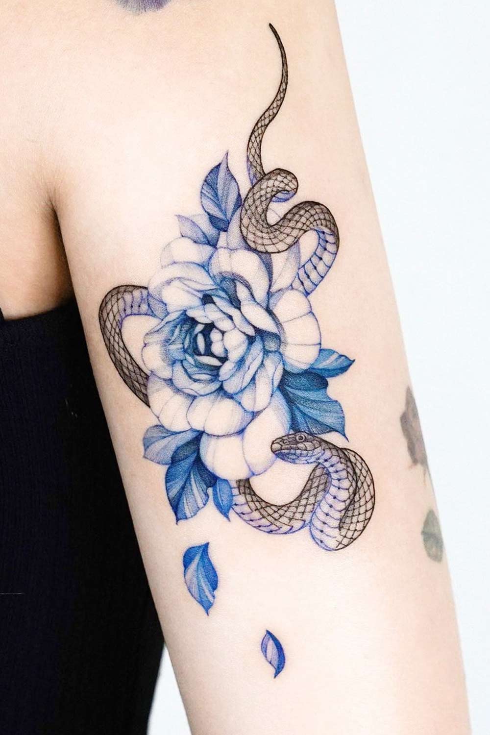 Snake with Blue Flower Tattoo