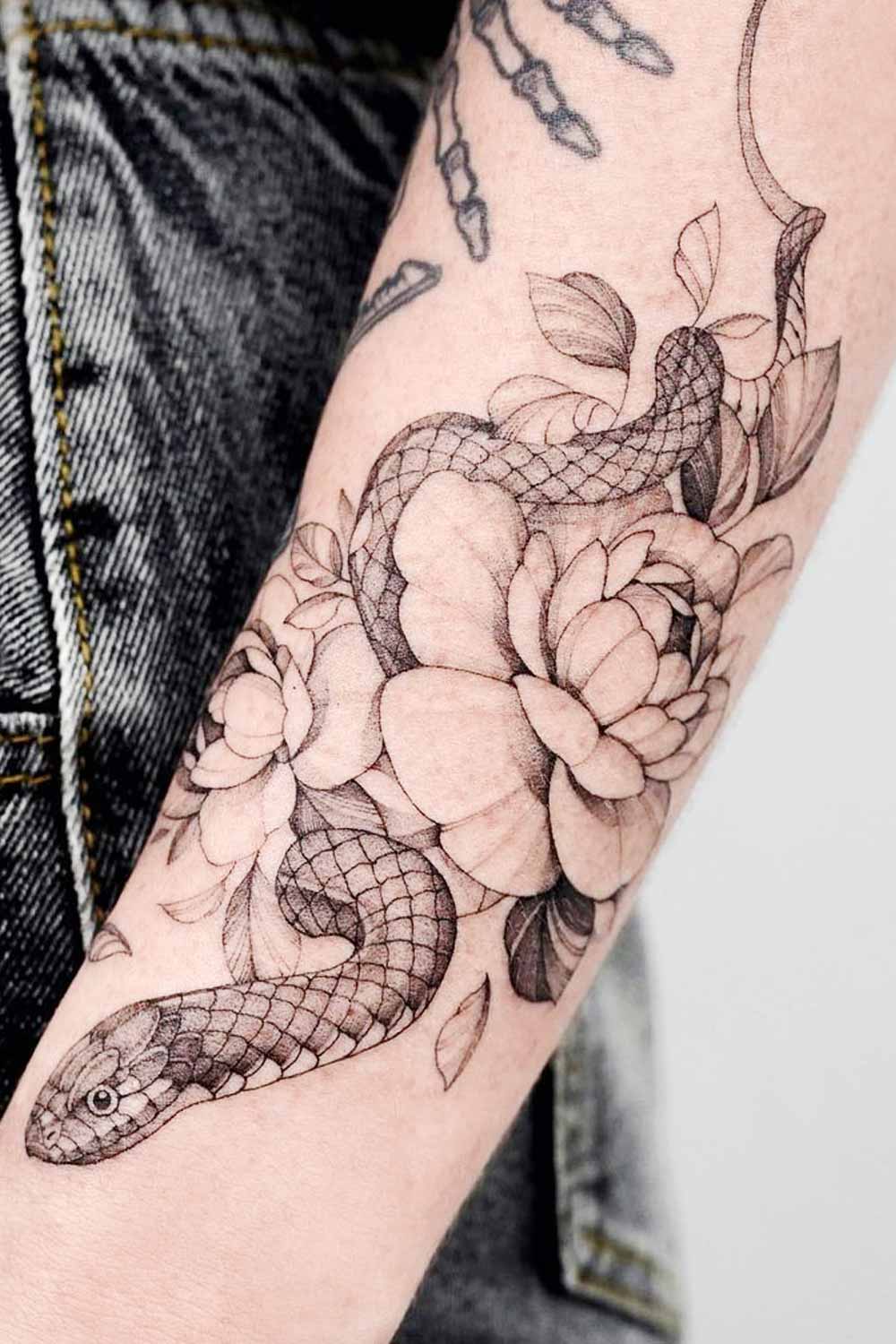 Snake with Peonies Tattoo