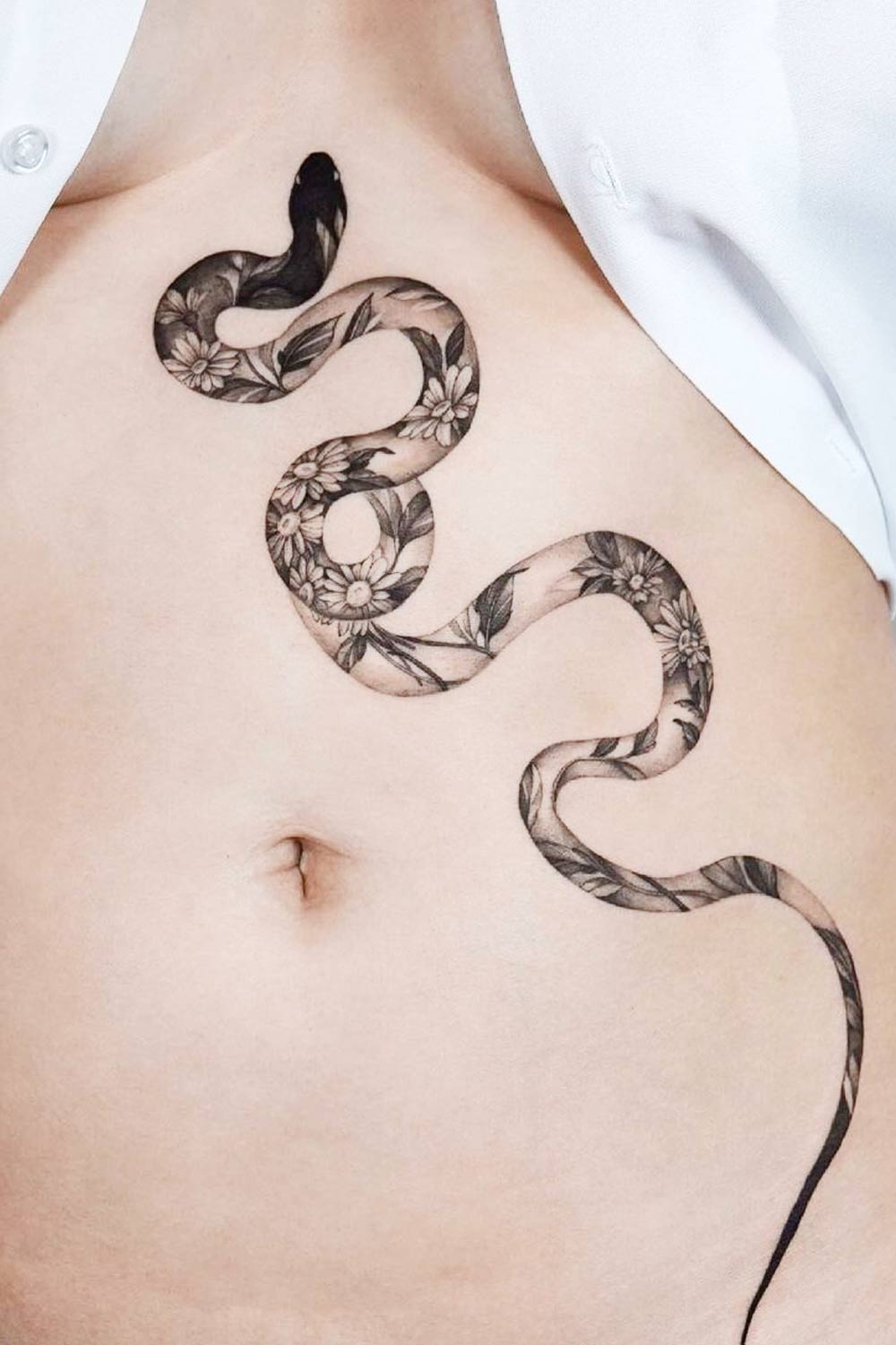 Belly Floral Snake Tattoo