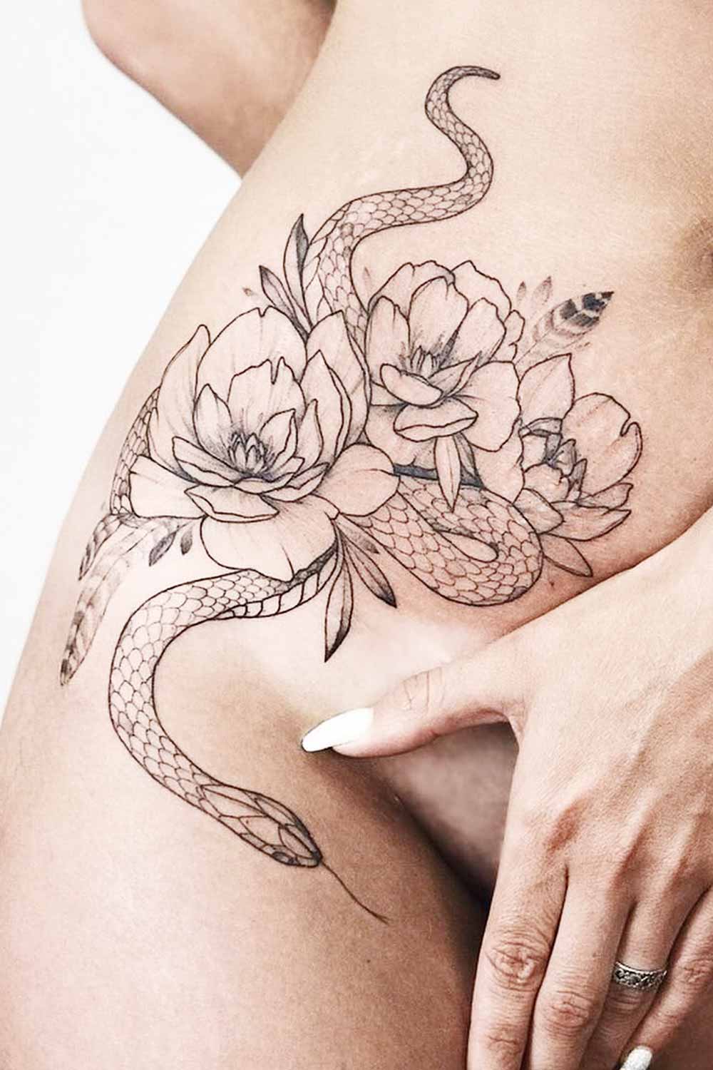 Peonies with Snake Tattoo Design
