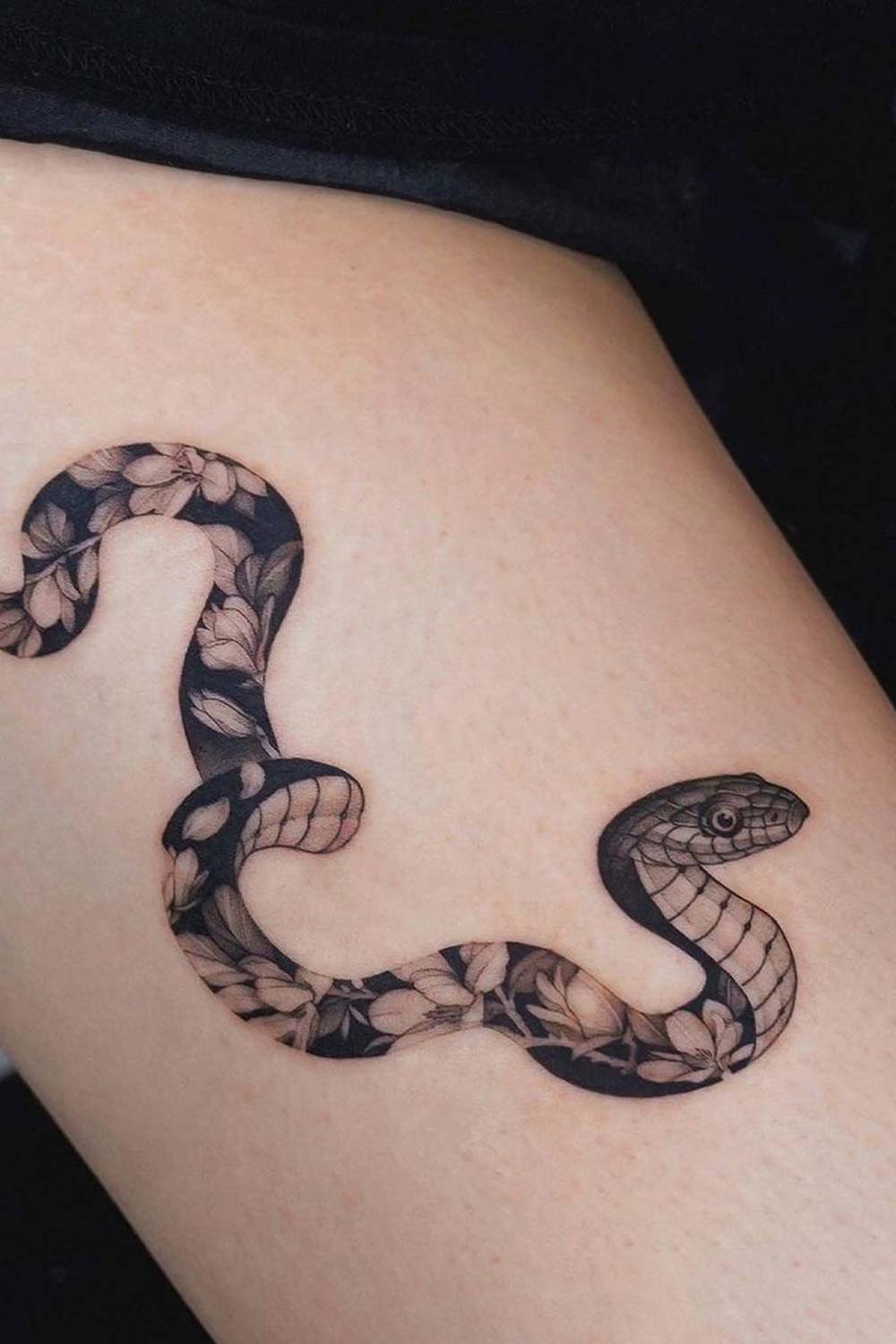 Double Exposure Snake Tattoo with Flowers
