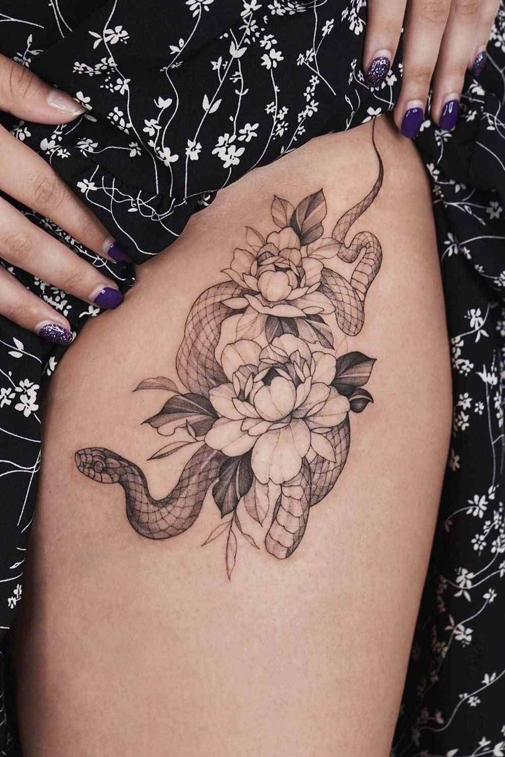 Thigh Snake with Flowers Tattoo