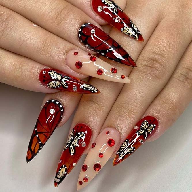 Red Butterfly Stiletto Nails