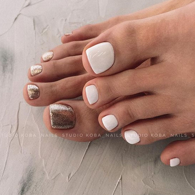 Gold and White Toe Nail Designs