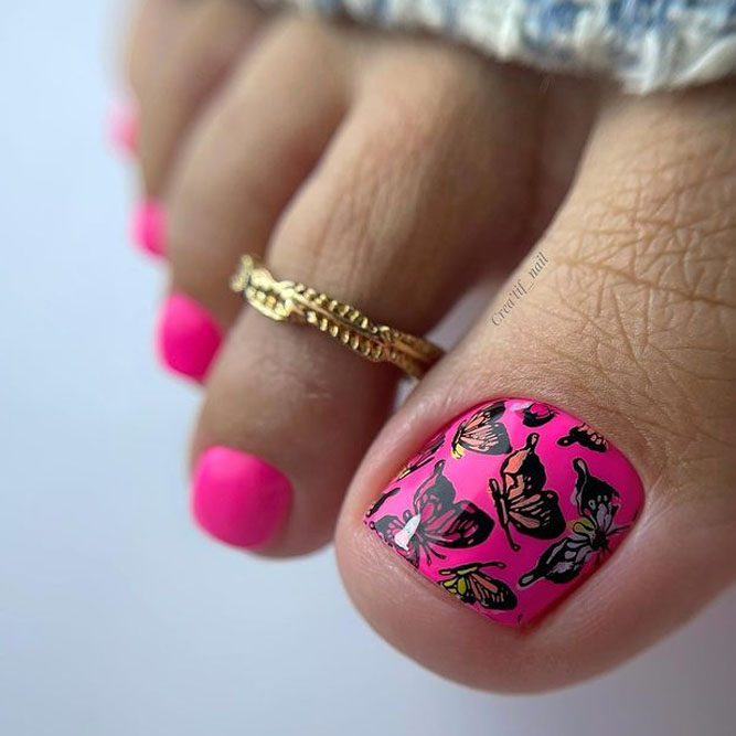 Girly Pink Toe Nail Designs with Butterflies
