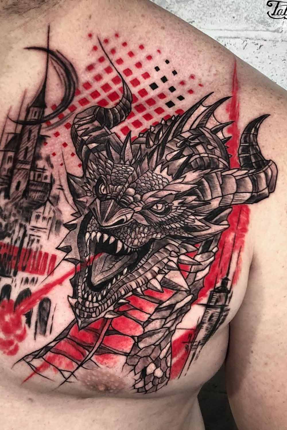 A Dragon Tattoo with Trash Polka Style