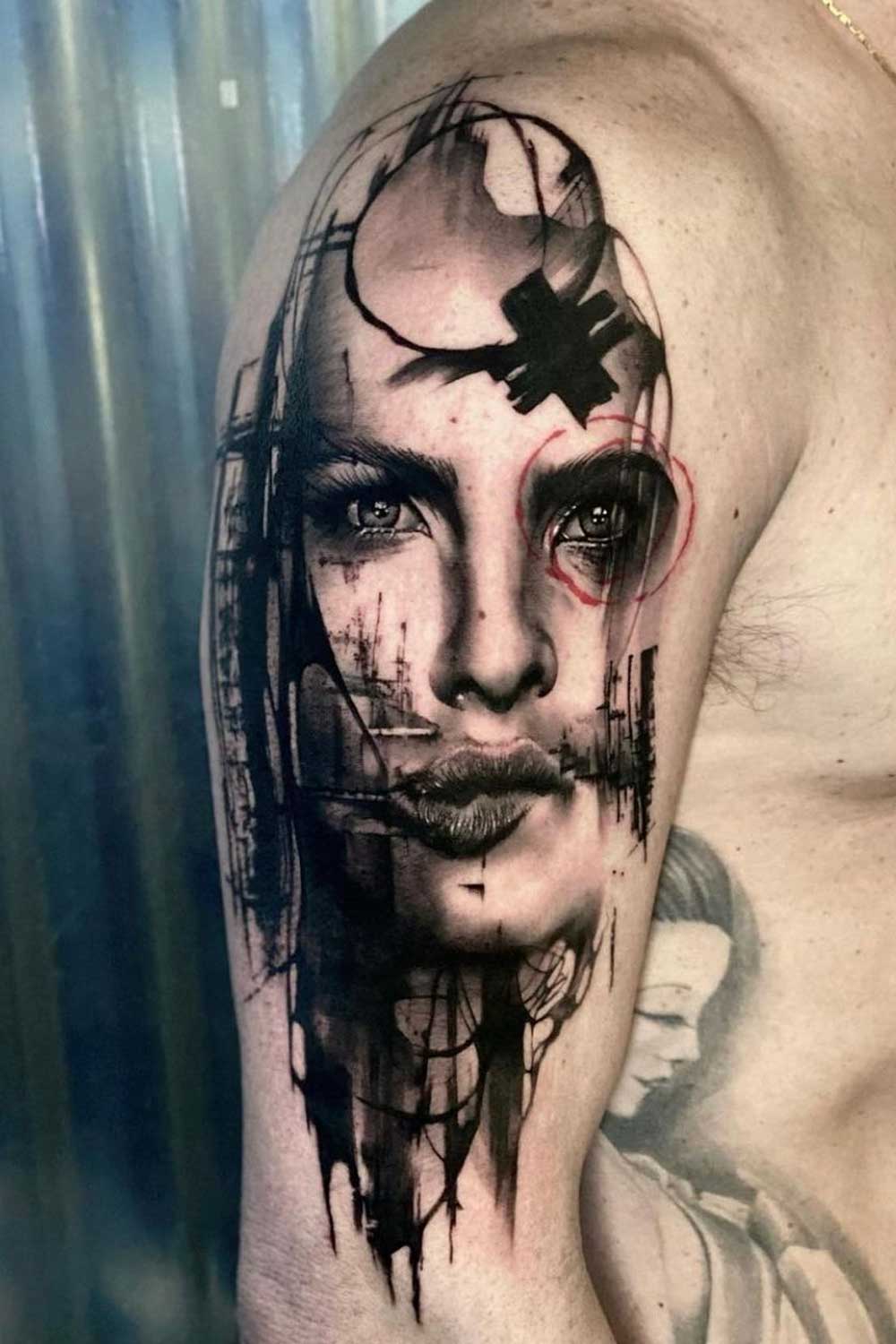 Female Portrait Polka Trash Tattoo Style