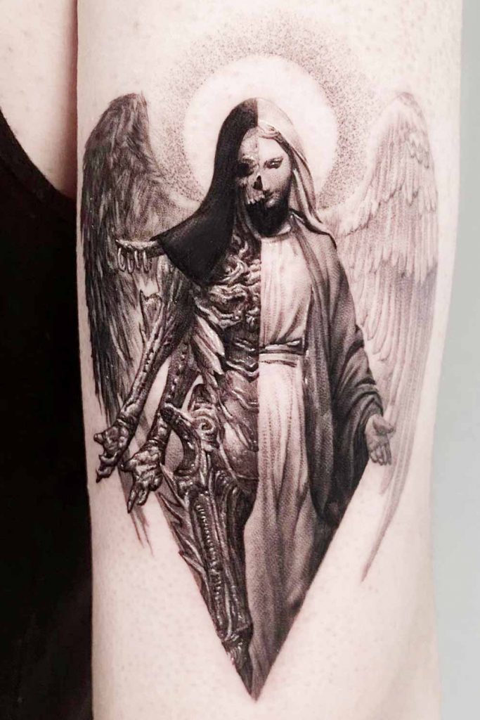 The Art Ink Tattoo Studio - Warrior Angel Tattoo Design Artist :  @ketan_patel_tattooartist #angeltattoo #angels #skull #warrior  #sleevetattoo #bestartist #realismtattoo #tattooartist #tattoomaster  #tattoomagazine #coverutattoo #tattooahmedabad ...