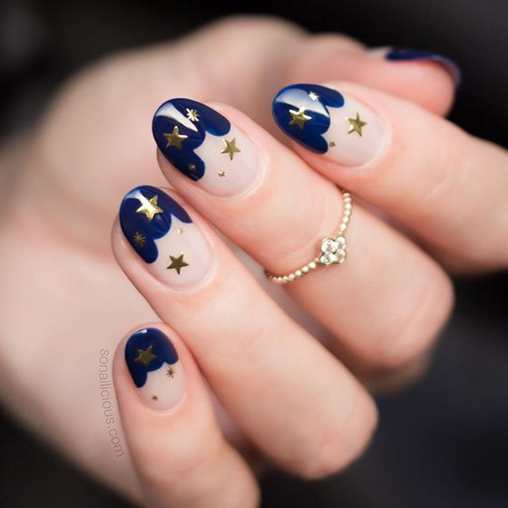 Blue and Gold Star Design Nails Match