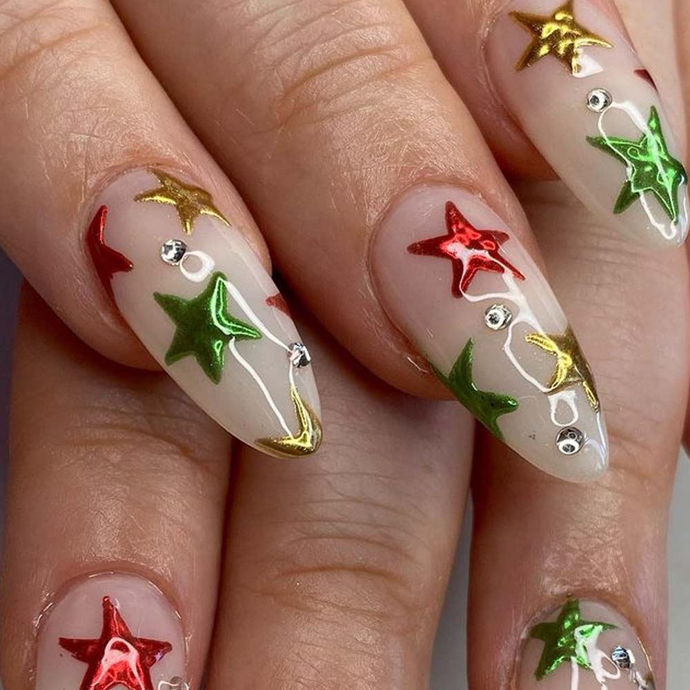 Christmas Colors Chrome Stars Nails