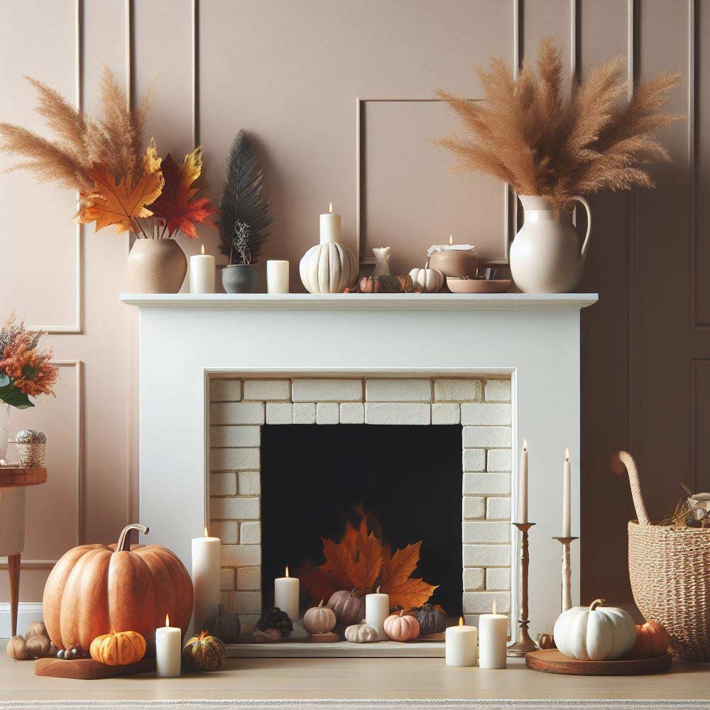 Fall Theme Decorated Fireplace