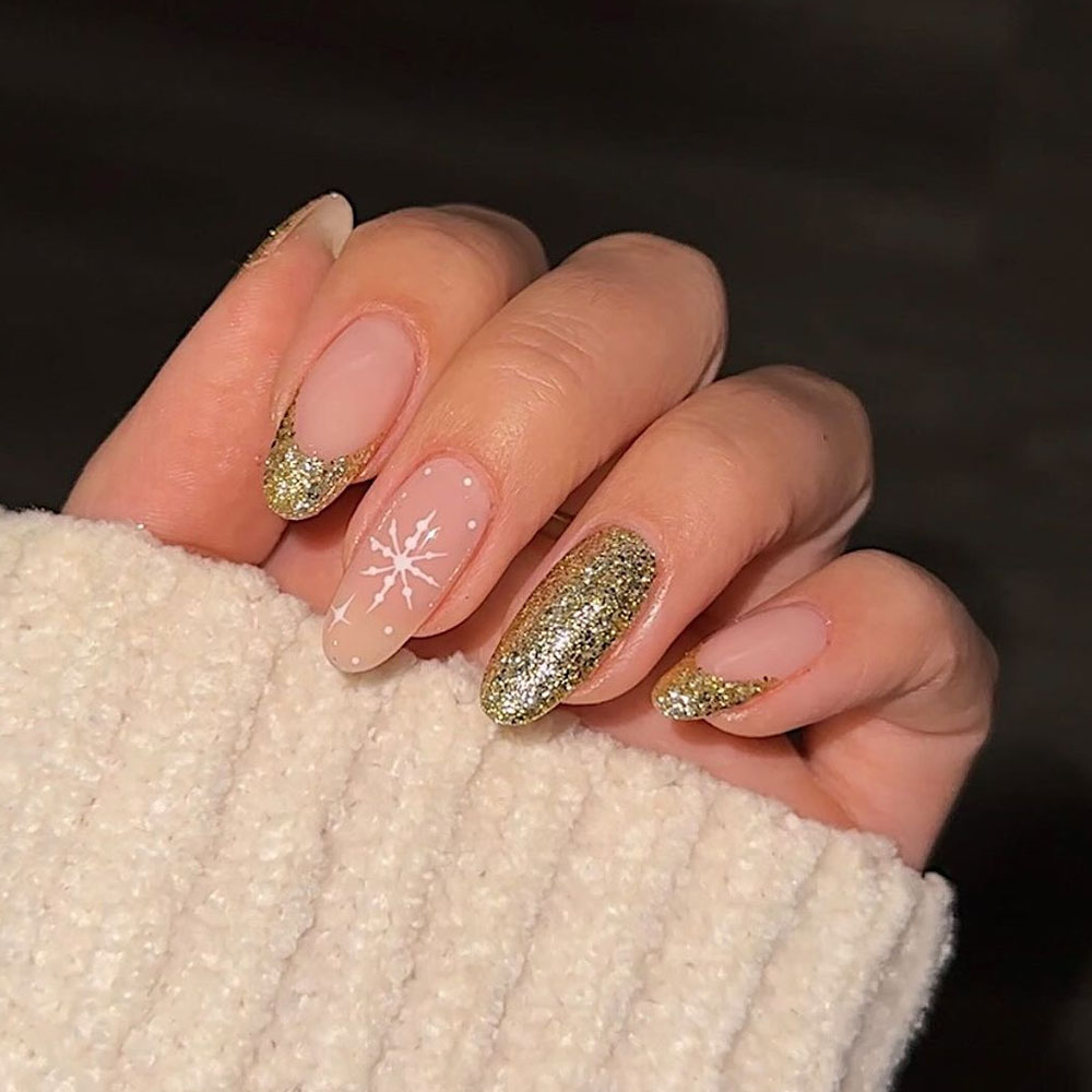 Gold Glitter Snowflakes Nails