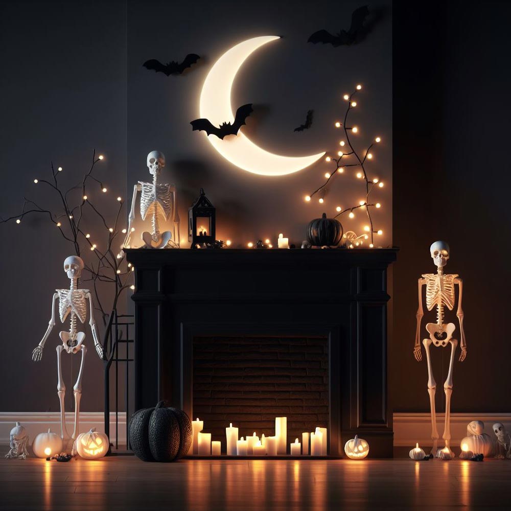 Fireplace Halloween Decor with Led Lights and Skeletons