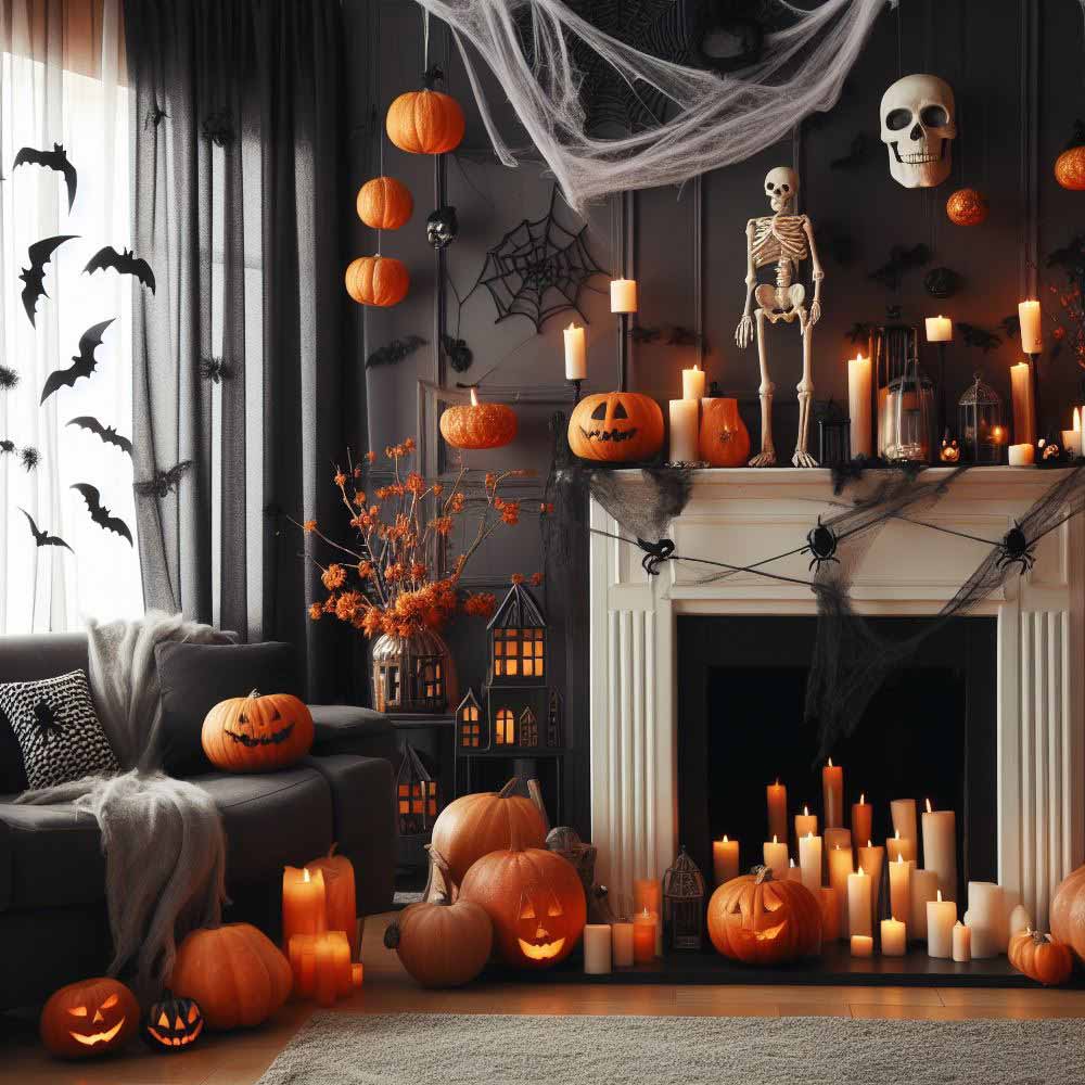 Pumpkins Halloween Decoration of Fireplace