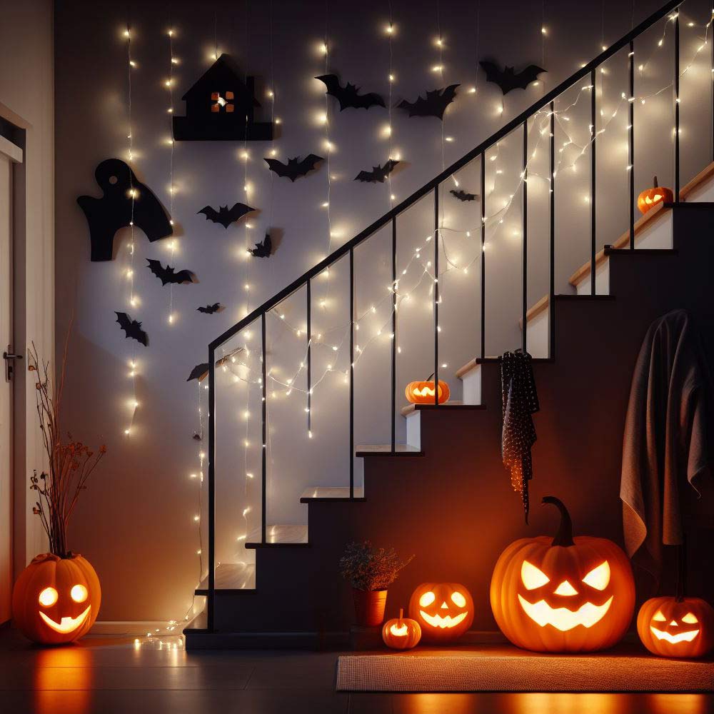 Stairs Halloween Decoration with Led Lights and Pumpkins
