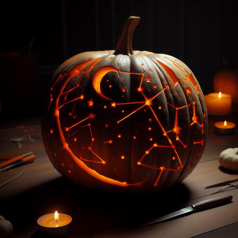 Pumpkin with Moon and Stars