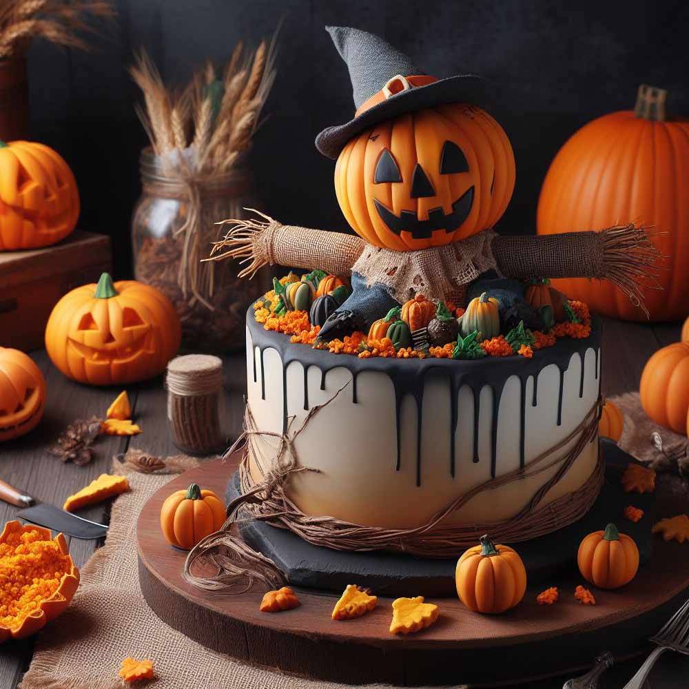 Halloween Cake with Scarecrow