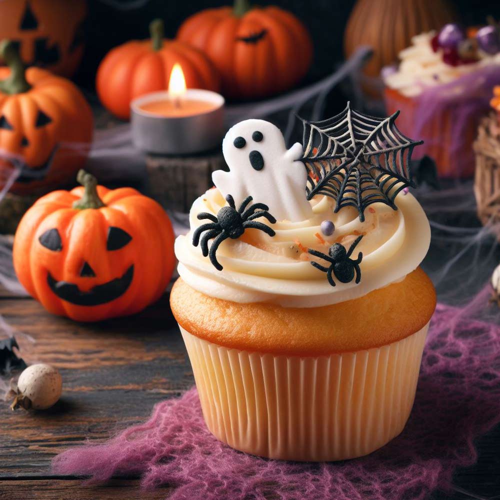Halloween Cupcake with Web and Spiders