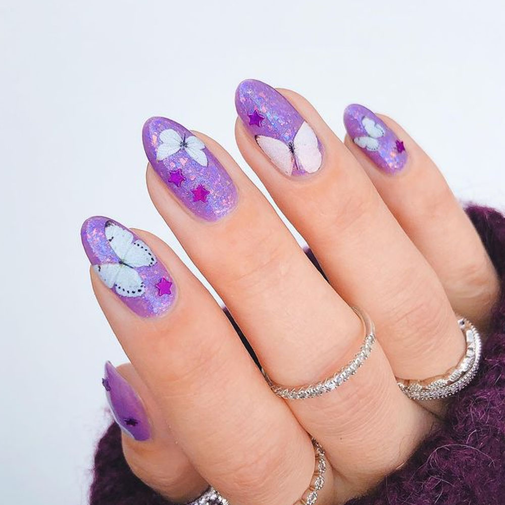 Glitter Lavender Nails With Butterflies