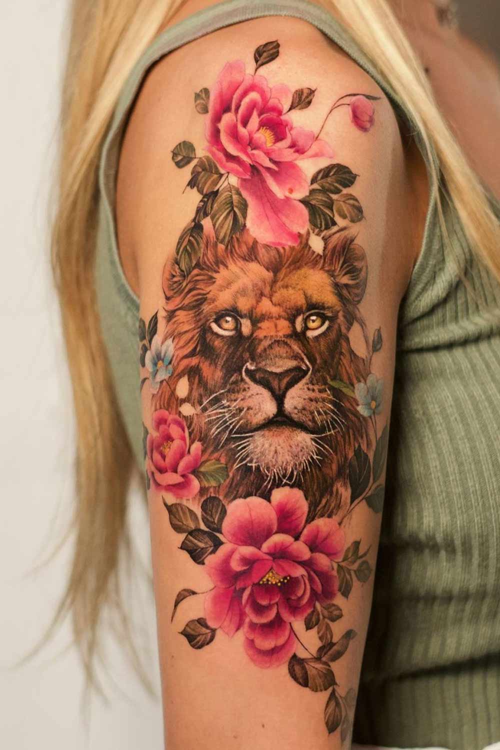 Lion with Flowers Tattoo Ideas for Women