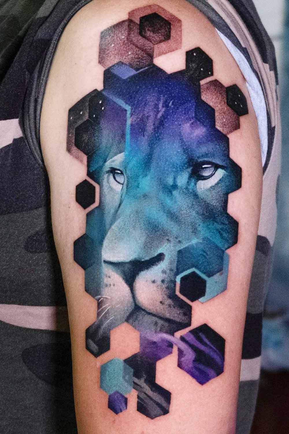 Watercolor Geometric Lion Tattoo
