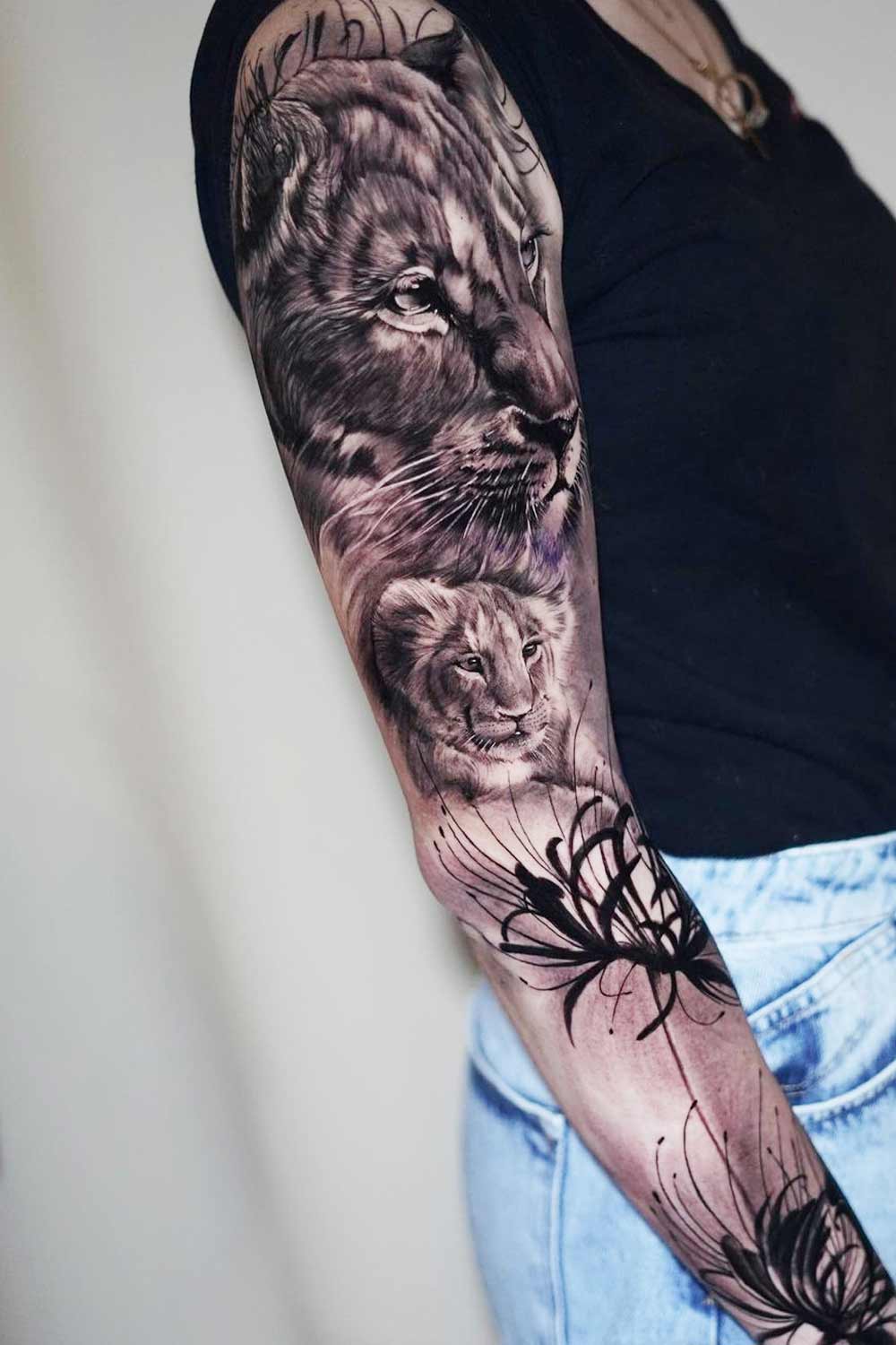 Lioness with Cub Sleeve Tattoo