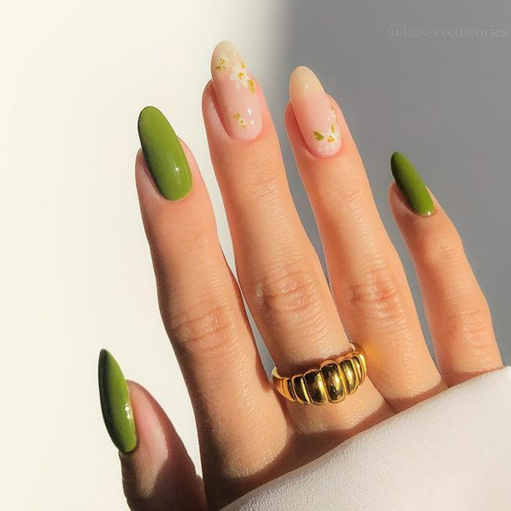 Sage Green Fall Nails With Flowers