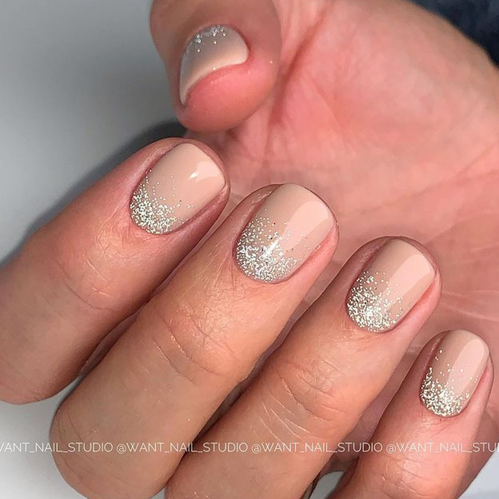 Nude Short Nails with Gold Glitter