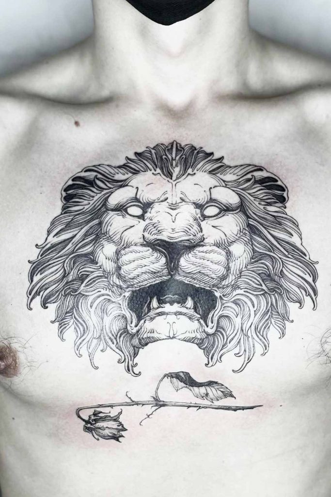 Black and White Chest Lion Tattoo