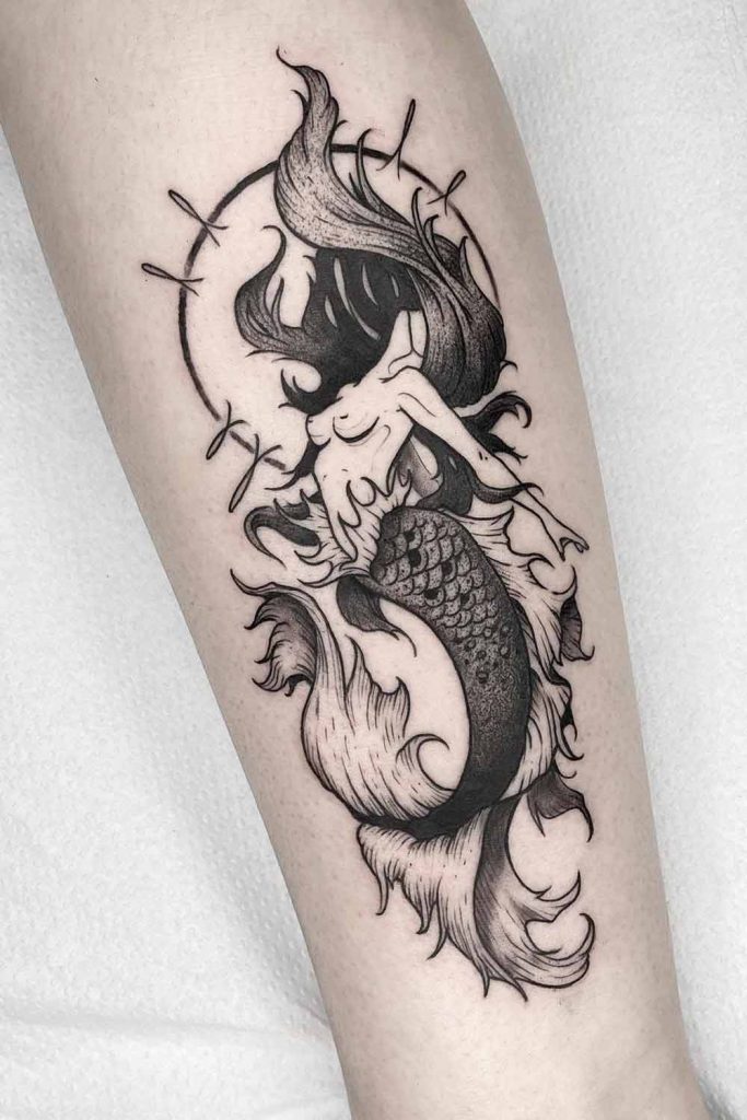 Black and White Mermaid Tattoo Design