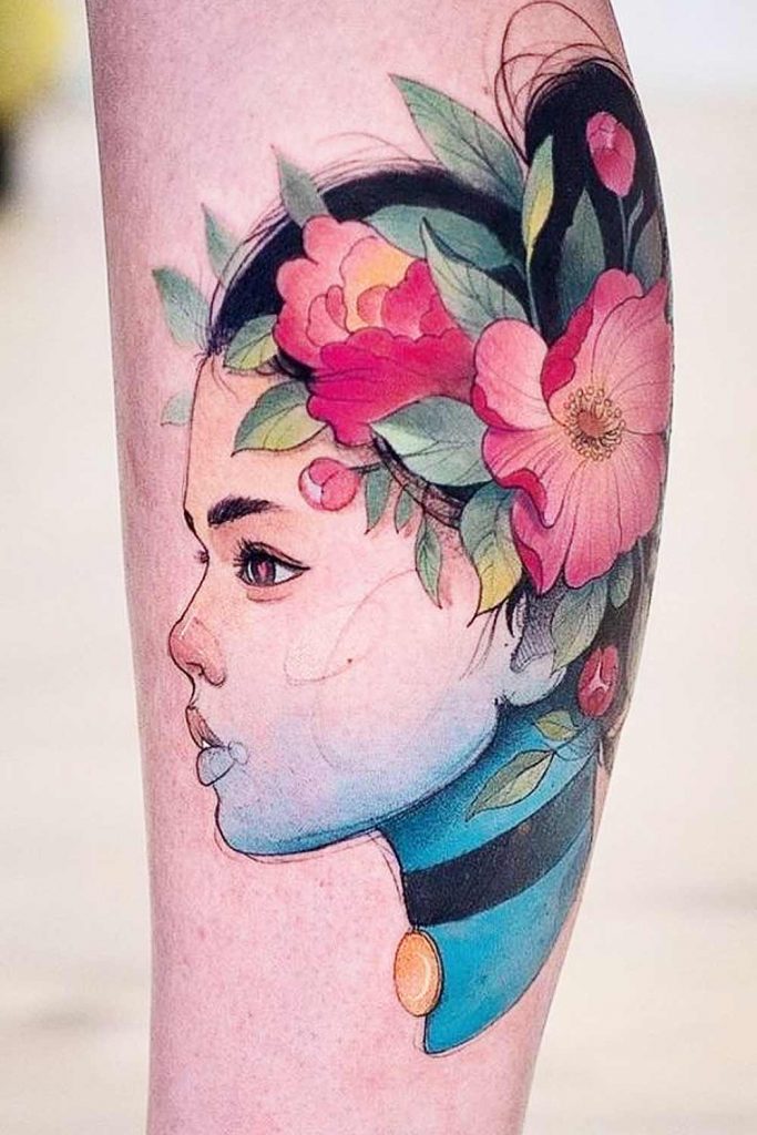 Female Portrait with FLowers Tattoo
