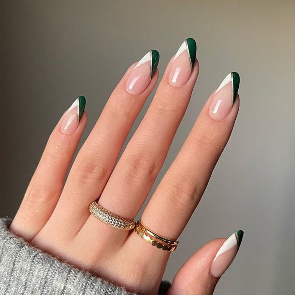 White and Green French Winter Nails