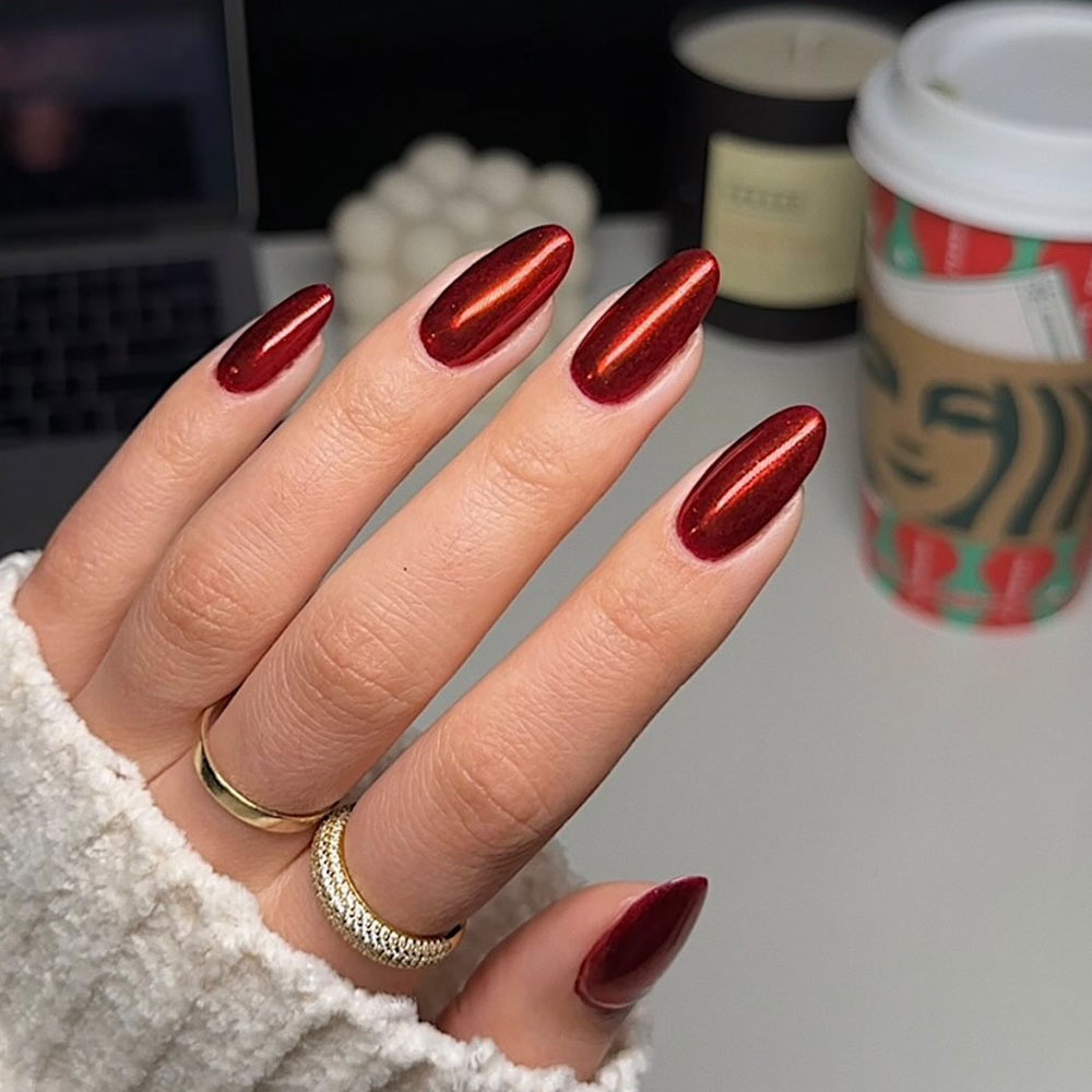 Classic Red Chrome Winter Nails