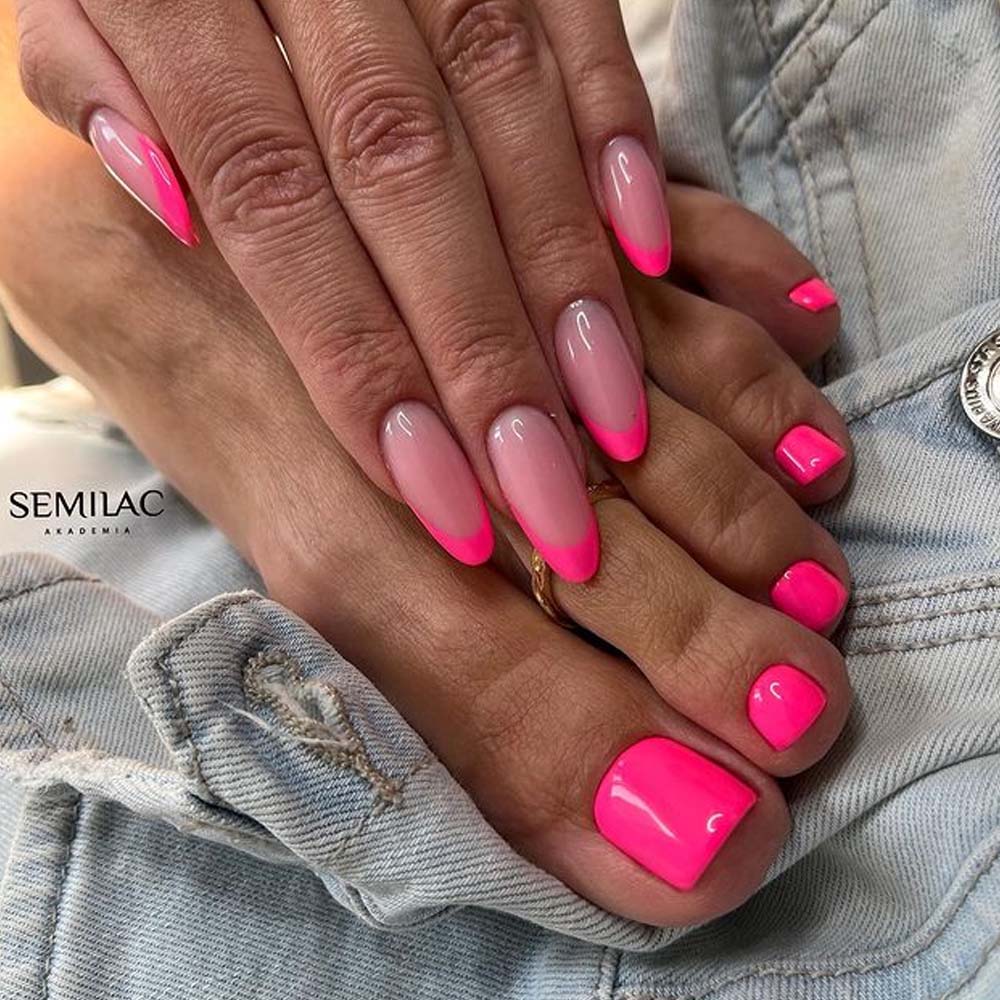 Pink French Almond Nails Matching Toes