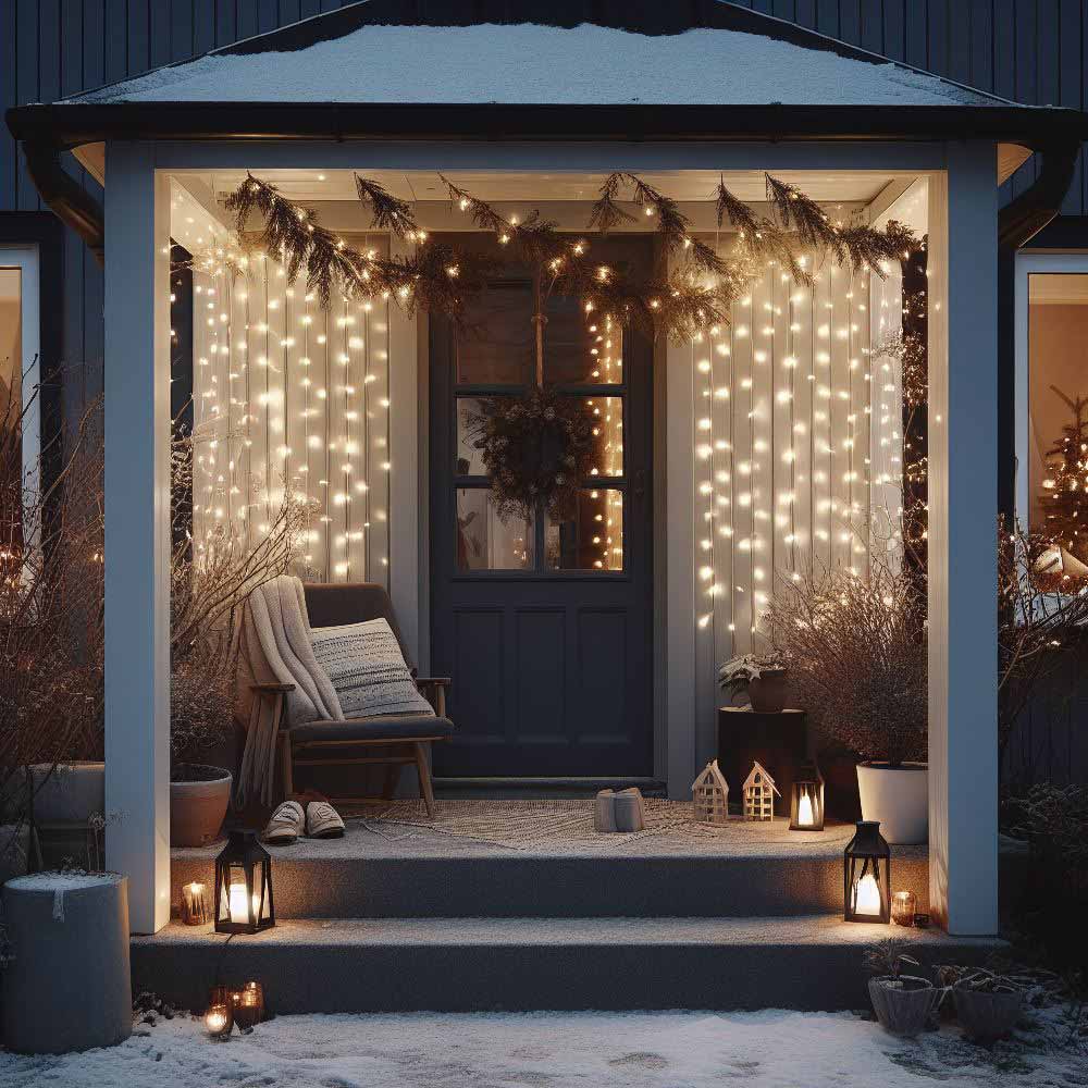 Front Porch Decoration with Christmas Lights