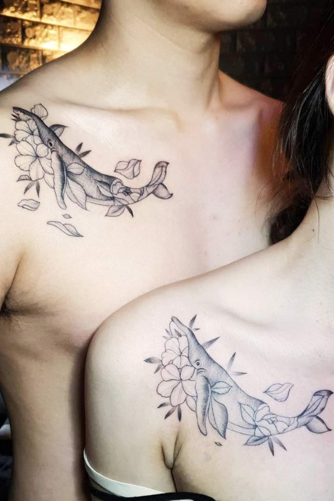 Floral whales Couple Tattoos