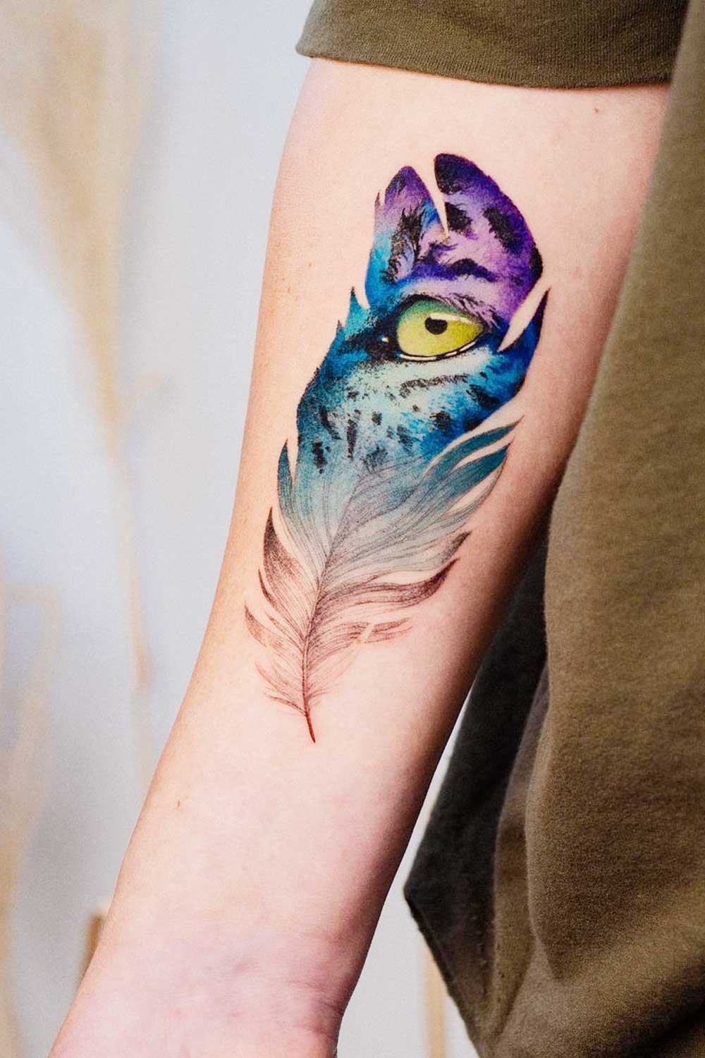 Double Exposure Feather Forearm Tattoo