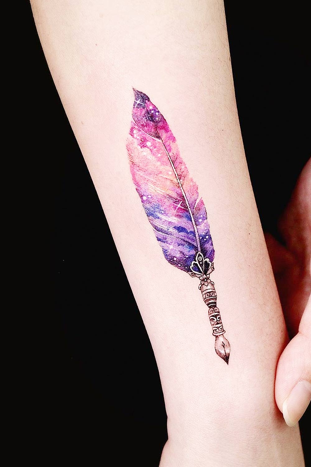 Galaxy Colored Feather Pen Tattoo