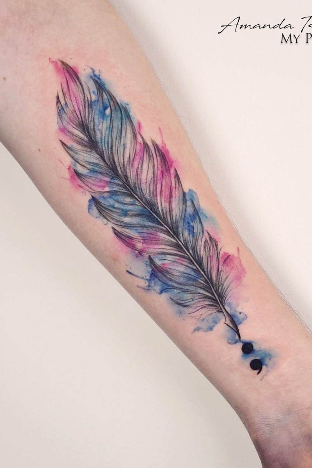 Watercolor Feather Tattoo with Semicolon