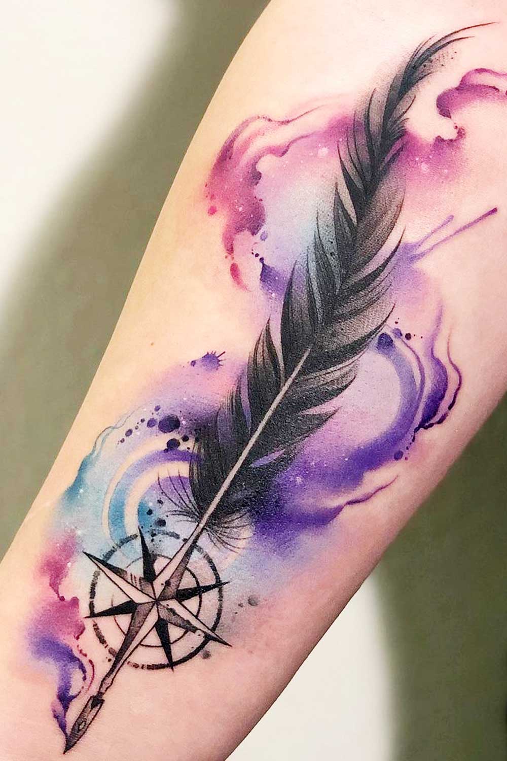 Watercolor Feather Tattoo with Compass