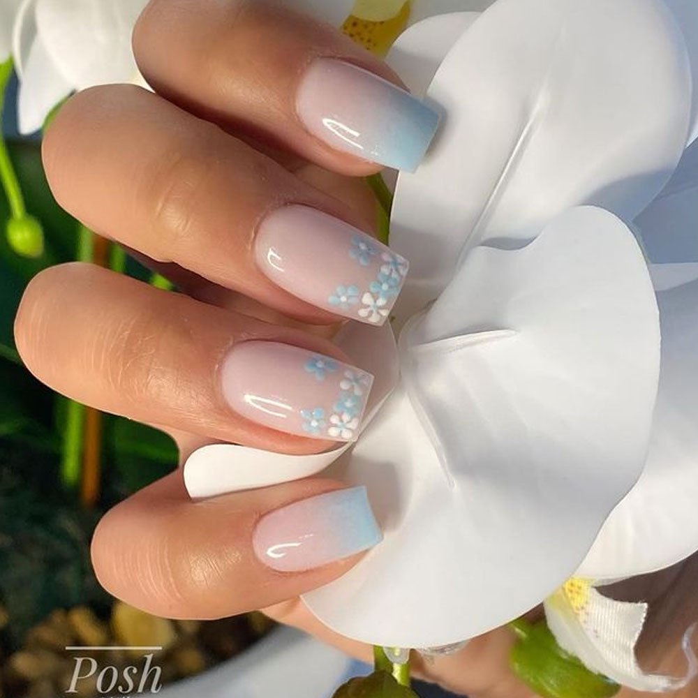 Baby Blue Ombre Nails With Flowers